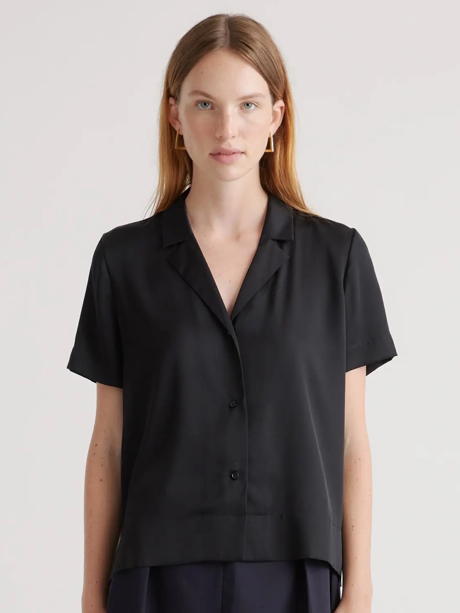 Quince Washable Silk Black Short-Sleeve Button-Down Shirt Small